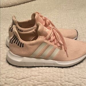 Adidas Pink and White Sneakers with Signature Stripes